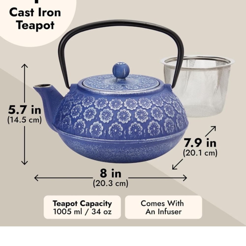 Juvale, Blue and Silver cast iron teapot with infuser for looseleaf and teabags - Picture 4 of 12